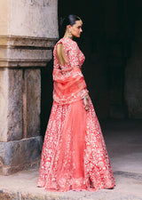 Mehraab Coral Pink Organza Lehenga