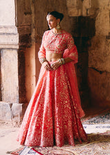 Mehraab Coral Pink Organza Lehenga