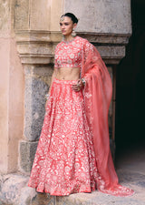 Mehraab Coral Pink Organza Lehenga