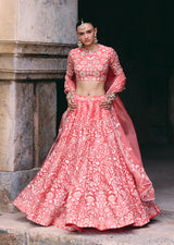 Mehraab Coral Pink Organza Lehenga