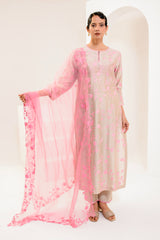Grey and pink aari Chanderi silk kurta set