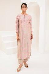 Grey and pink aari Chanderi silk kurta set