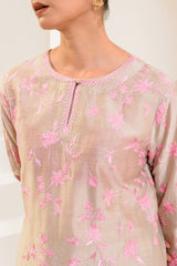 Grey and pink aari Chanderi silk kurta set