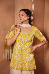 Heavy Embroidered Ivory Yellow organza kurta