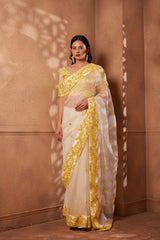Ivory yellow Sitara saree adorned with resham