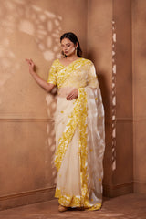 Ivory yellow Sitara saree adorned with resham
