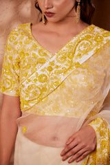 Ivory yellow Sitara saree adorned with resham