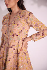 Beige flared peplum kurta in heavy organza with aari