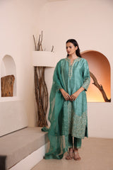 Teal green raw silk kurta