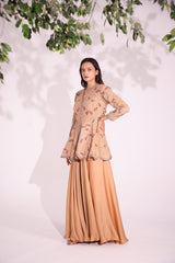 Beige flared peplum kurta in heavy organza with aari