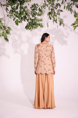 Beige flared peplum kurta in heavy organza with aari