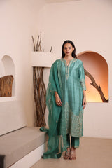 Teal green raw silk kurta