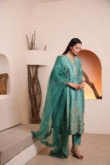 Teal green raw silk kurta