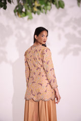 Beige flared peplum kurta in heavy organza with aari