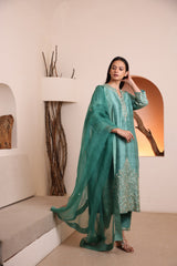 Teal green raw silk kurta