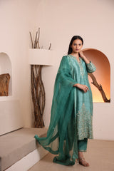 Teal green raw silk kurta