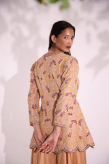 Beige flared peplum kurta in heavy organza with aari
