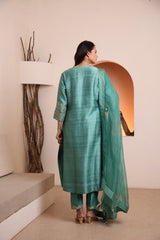 Teal green raw silk kurta