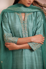 Teal green raw silk kurta