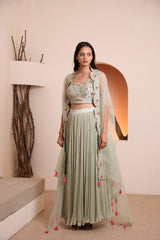 Siege green hand embroidered blouse with georgette pleated skirt and embroidered cape