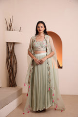 Siege green hand embroidered blouse with georgette pleated skirt and embroidered cape