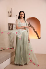 Siege green hand embroidered blouse with georgette pleated skirt and embroidered cape