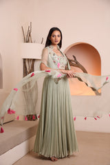 Siege green hand embroidered blouse with georgette pleated skirt and embroidered cape