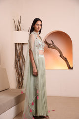 Siege green hand embroidered blouse with georgette pleated skirt and embroidered cape