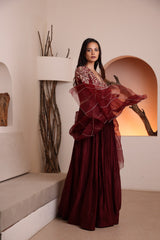 Maroon hand embroidered V neck pleated Anarkali with organza dupatta