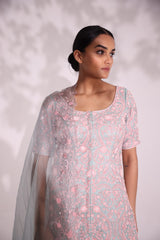 Elegantly embroidered set features floral motifs in resham aari , sequin, cut dana and bead work