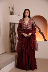 Maroon hand embroidered V neck pleated Anarkali with organza dupatta