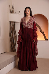 Maroon hand embroidered V neck pleated Anarkali with organza dupatta