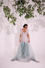 Elegantly embroidered set features floral motifs in resham aari , sequin, cut dana and bead work