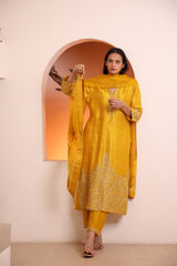 Yellow raw silk kurta embellished with hand embroidery dabka and zari work