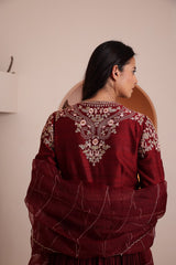 Maroon hand embroidered V neck pleated Anarkali with organza dupatta