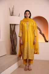 Yellow raw silk kurta embellished with hand embroidery dabka and zari work