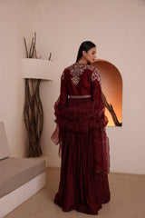 Maroon hand embroidered V neck pleated Anarkali with organza dupatta
