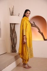 Yellow raw silk kurta embellished with hand embroidery dabka and zari work