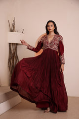 Maroon hand embroidered V neck pleated Anarkali with organza dupatta