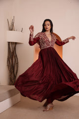 Maroon hand embroidered V neck pleated Anarkali with organza dupatta