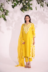 Yellow white Aari kurta set