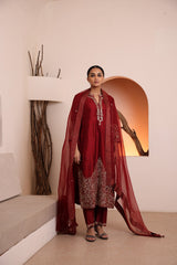 Wine raw silk kurta embellished with hand embroidery dabka and zari work