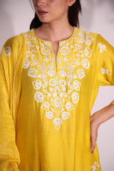 Yellow white Aari kurta set