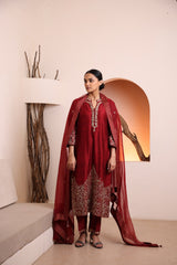 Wine raw silk kurta embellished with hand embroidery dabka and zari work