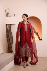 Wine raw silk kurta embellished with hand embroidery dabka and zari work