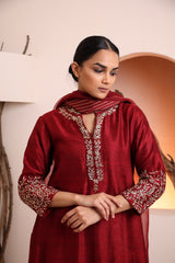 Wine raw silk kurta embellished with hand embroidery dabka and zari work