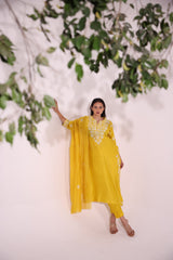 Yellow white Aari kurta set