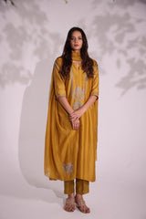 Mustard grey front placket aari kurta set