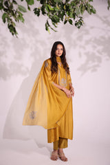 Mustard grey front placket aari kurta set