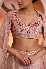 Zardozi dusky pink hand-embroidered raw silk lehenga
